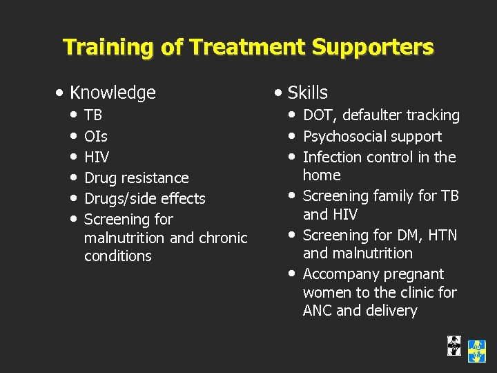 Training of Treatment Supporters Knowledge TB OIs HIV Drug resistance Drugs/side effects Screening for