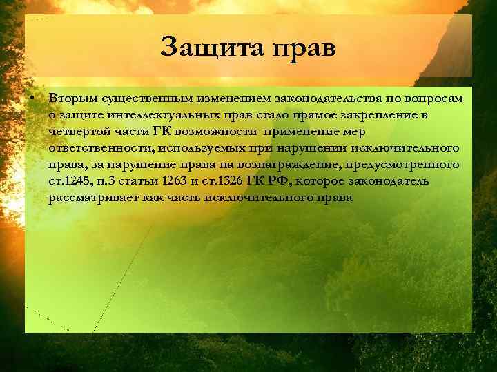 Защита прав • Вторым существенным изменением законодательства по вопросам о защите интеллектуальных прав стало