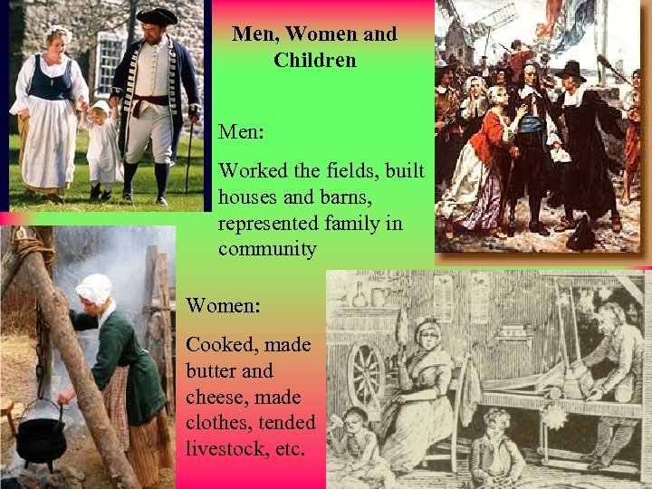 Men, Women and Children Men: Worked the fields, built houses and barns, represented family