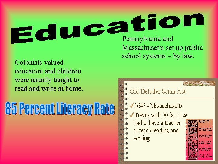 Colonists valued education and children were usually taught to read and write at home.