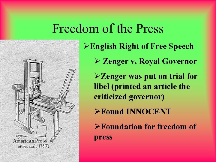 Freedom of the Press ØEnglish Right of Free Speech Ø Zenger v. Royal Governor