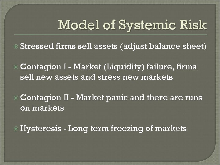 Model of Systemic Risk Stressed firms sell assets (adjust balance sheet) Contagion I -