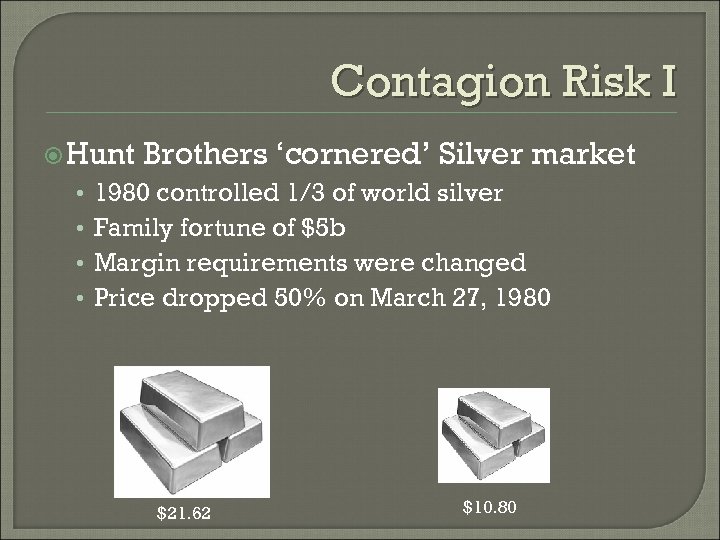 Contagion Risk I Hunt • • Brothers ‘cornered’ Silver market 1980 controlled 1/3 of