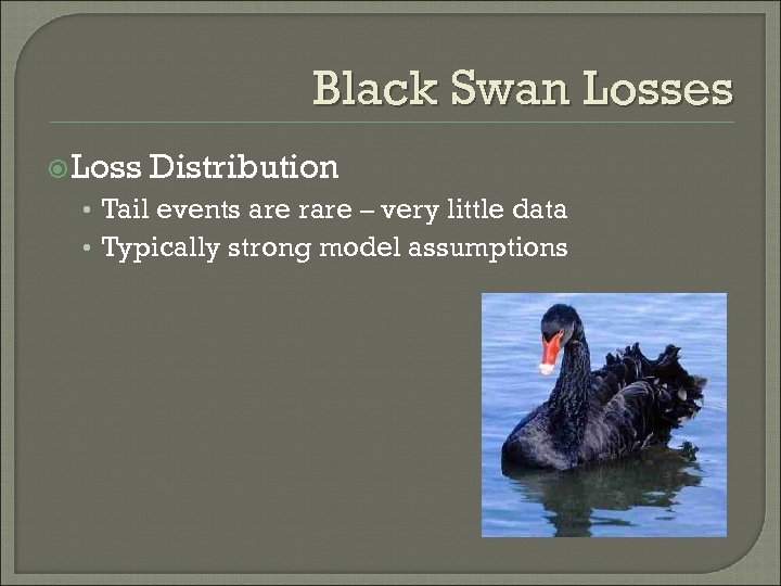 Black Swan Losses Loss Distribution • Tail events are rare – very little data