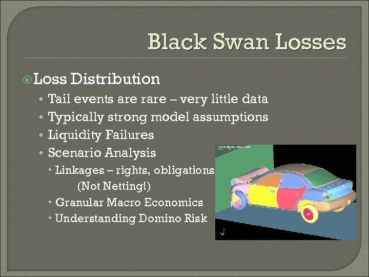 Black Swan Losses Loss • • Distribution Tail events are rare – very little