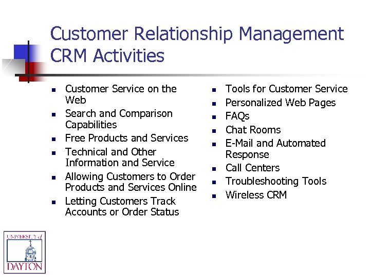 Customer Relationship Management CRM Activities n n n Customer Service on the Web Search