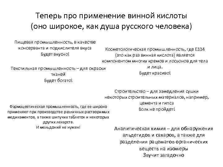 Теперь про применение винной кислоты (оно широкое, как душа русского человека) Пищевая промышленность, в