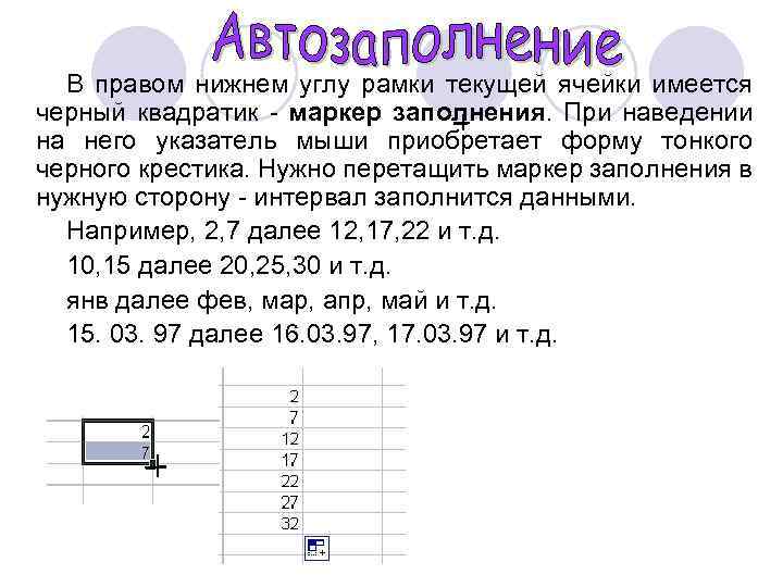 В правом нижнем углу рамки текущей ячейки имеется черный квадратик - маркер заполнения. При