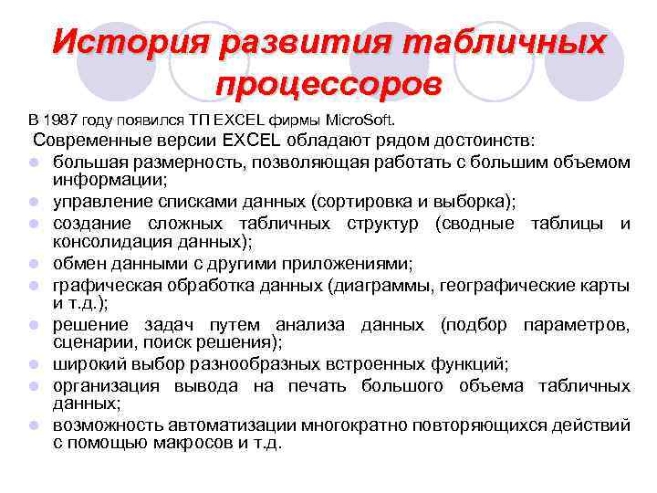 История развития табличных процессоров В 1987 году появился ТП EXCEL фирмы Micro. Soft. Современные