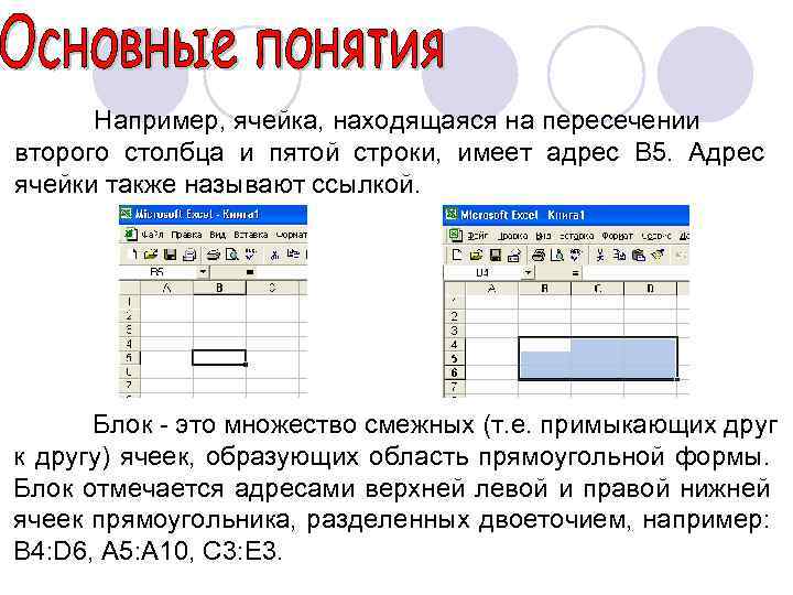 Например, ячейка, находящаяся на пересечении второго столбца и пятой строки, имеет адрес B 5.