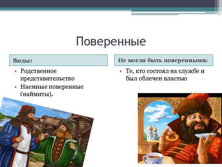 Поверенные Виды: Не могли быть поверенными: • Родственное представительство • Наемные поверенные (наймиты). •