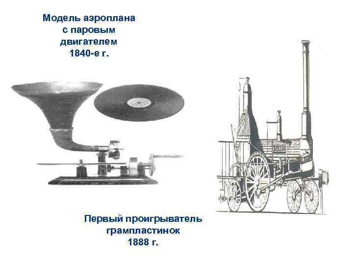 Модель аэроплана с паровым двигателем 1840 -е г. Первый проигрыватель грампластинок 1888 г. 