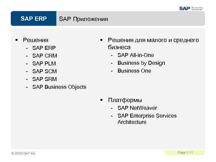 SAP ERP SAP Приложения § Решения - SAP ERP SAP CRM SAP PLM SAP