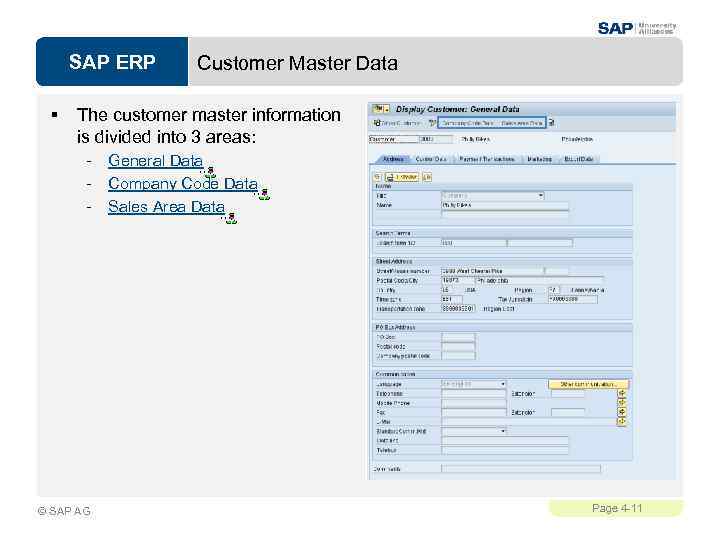 SAP ERP § Customer Master Data The customer master information is divided into 3