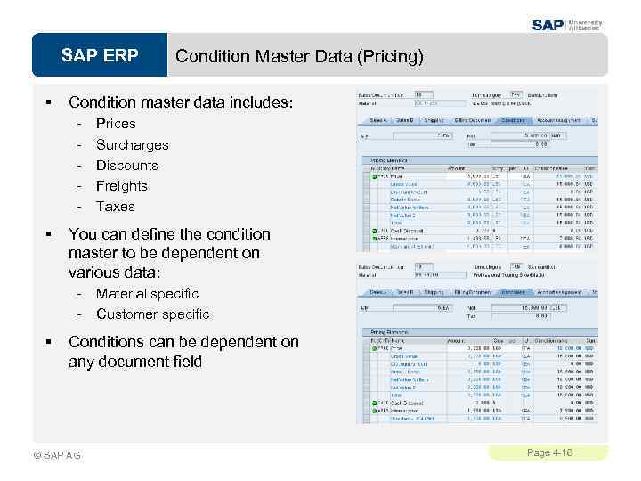 SAP ERP § Condition master data includes: - § Prices Surcharges Discounts Freights Taxes