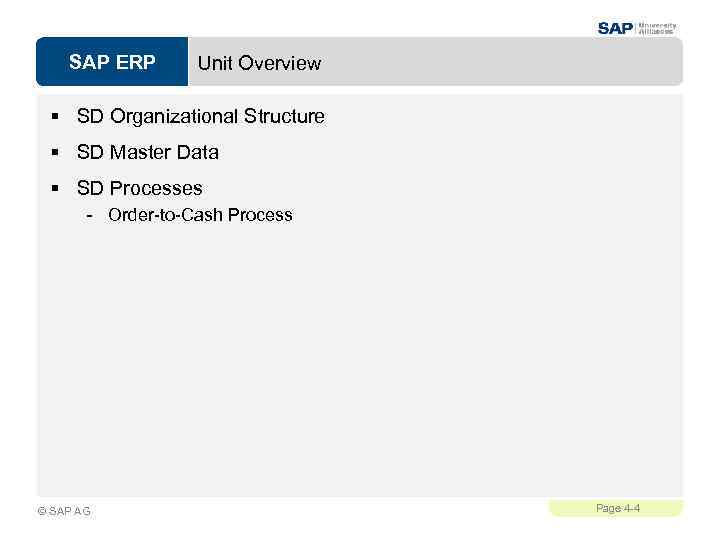 SAP ERP Unit Overview § SD Organizational Structure § SD Master Data § SD