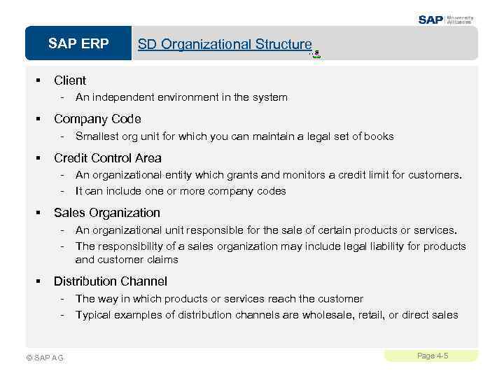 SAP ERP § Client - § An organizational entity which grants and monitors a