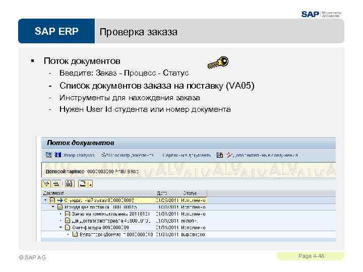 SAP ERP § Проверка заказа Поток документов - Введите: Заказ - Процесс - Статус