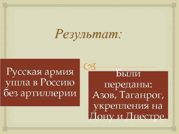 Результат: Русская армия ушла в Россию без артиллерии Были переданы: Азов, Таганрог, укрепления на