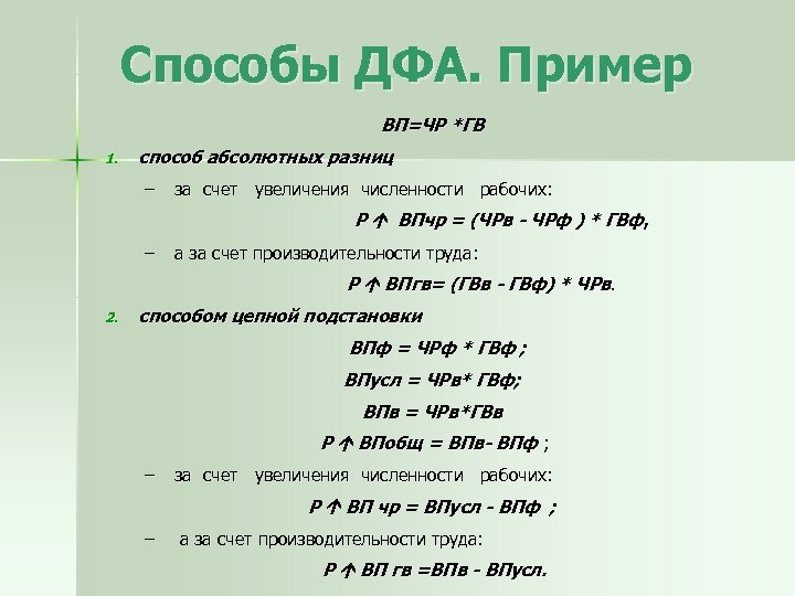Способы ДФА. Пример ВП=ЧР *ГВ 1. способ абсолютных разниц – за счет увеличения численности