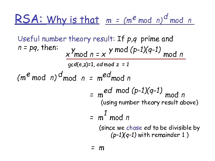 RSA: m = (m e mod n) Why is that d mod n Useful