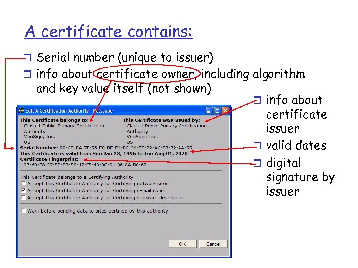 A certificate contains: r Serial number (unique to issuer) r info about certificate owner,
