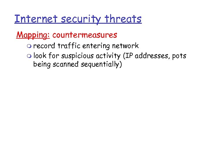 Internet security threats Mapping: countermeasures m record traffic entering network m look for suspicious