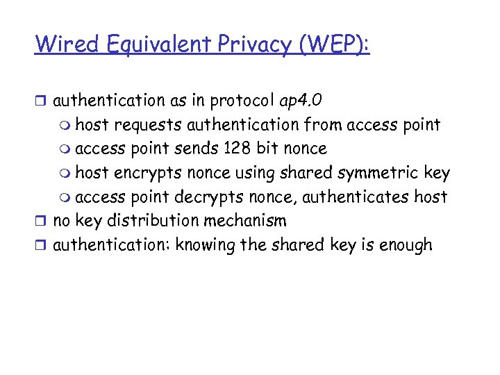 Wired Equivalent Privacy (WEP): r authentication as in protocol ap 4. 0 m host