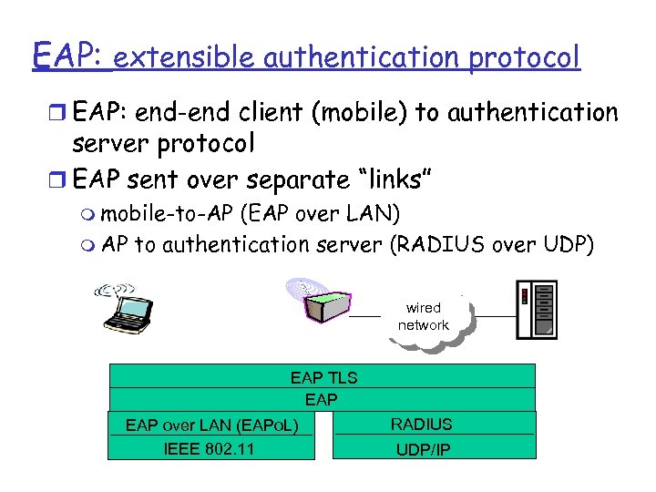 EAP: extensible authentication protocol r EAP: end-end client (mobile) to authentication server protocol r