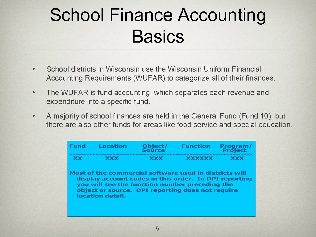 School Finance Accounting Basics • School districts in Wisconsin use the Wisconsin Uniform Financial