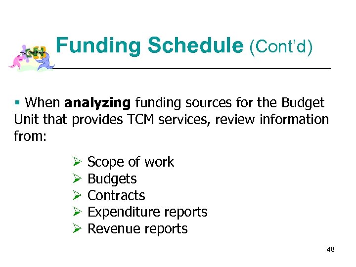 TCM Cost Report Funding Schedule (Cont’d) § When analyzing funding sources for the Budget