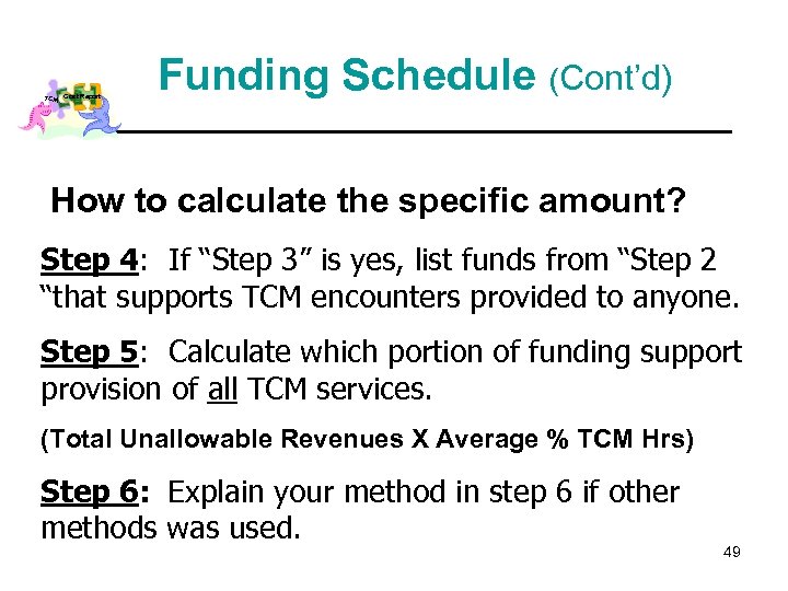 TCM Cost Report Funding Schedule (Cont’d) How to calculate the specific amount? Step 4: