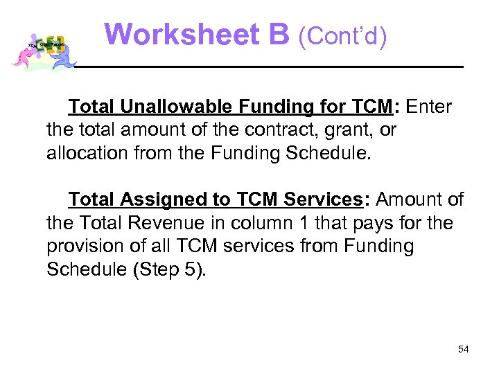 TCM Cost Report Worksheet B (Cont’d) Total Unallowable Funding for TCM: Enter the total