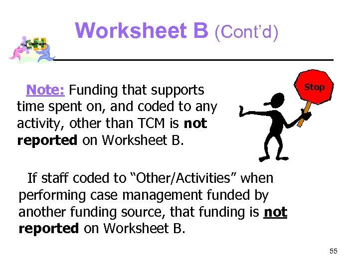 TCM Cost Report Worksheet B (Cont’d) Note: Funding that supports time spent on, and