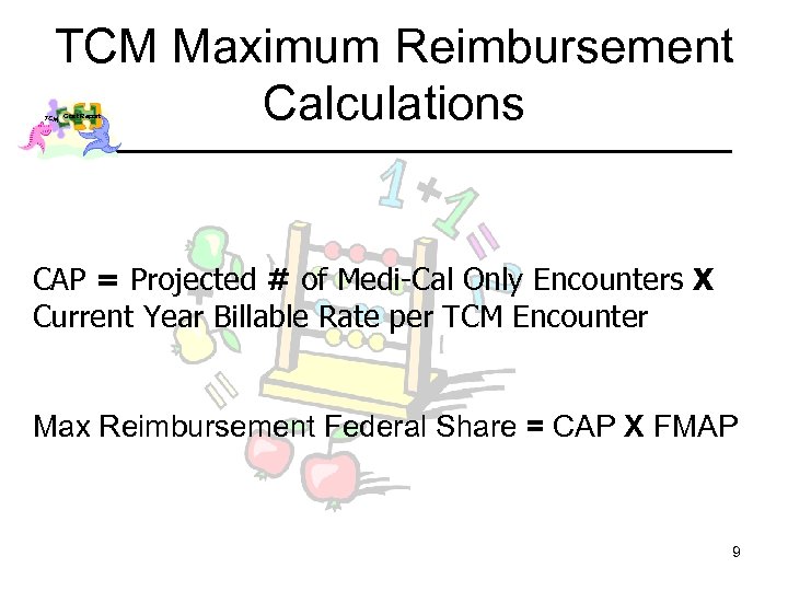 TCM Maximum Reimbursement Calculations TCM Cost Report CAP = Projected # of Medi-Cal Only