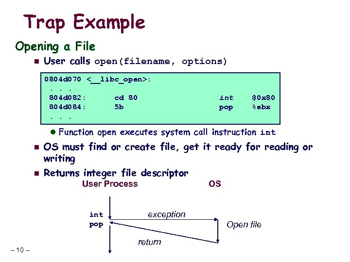 Trap Example Opening a File n User calls open(filename, options) 0804 d 070 <__libc_open>: