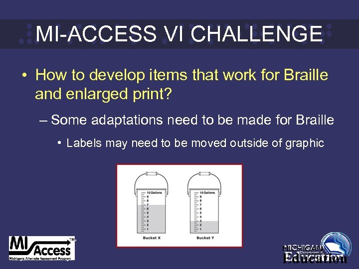 MI-ACCESS VI CHALLENGE • How to develop items that work for Braille and enlarged