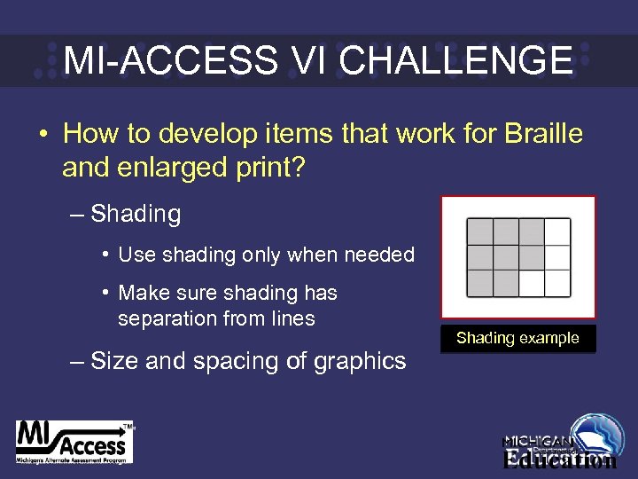 MI-ACCESS VI CHALLENGE • How to develop items that work for Braille and enlarged