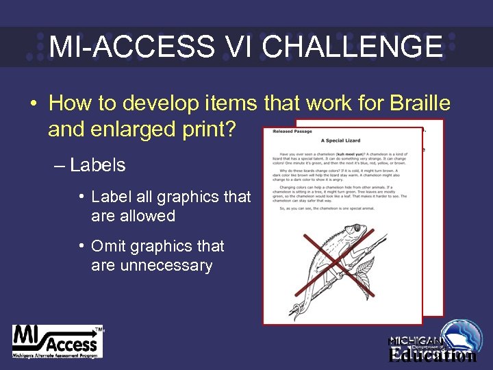 MI-ACCESS VI CHALLENGE • How to develop items that work for Braille and enlarged