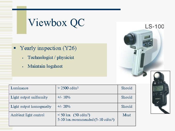 Viewbox QC § Yearly inspection (Y 26) § Technologist / physicist § Maintain logsheet