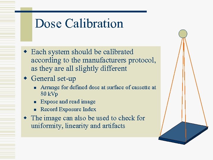 Dose Calibration w Each system should be calibrated according to the manufacturers protocol, as