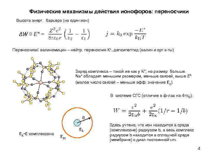 Физические механизмы действия ионофоров: переносчики Высота энерг. барьера (на один ион) ΔW ≡ E*