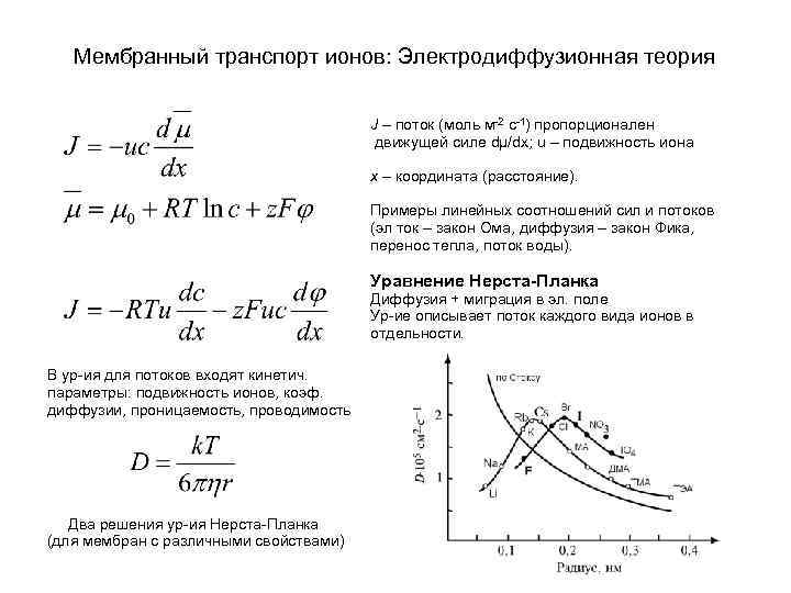 Мембранный транспорт ионов: Электродиффузионная теория J – поток (моль м-2 с-1) пропорционален движущей силе