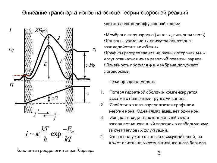 Описание транспорта ионов на основе теории скоростей реакций Критика электродиффузионной теории • Мембрана неоднородна