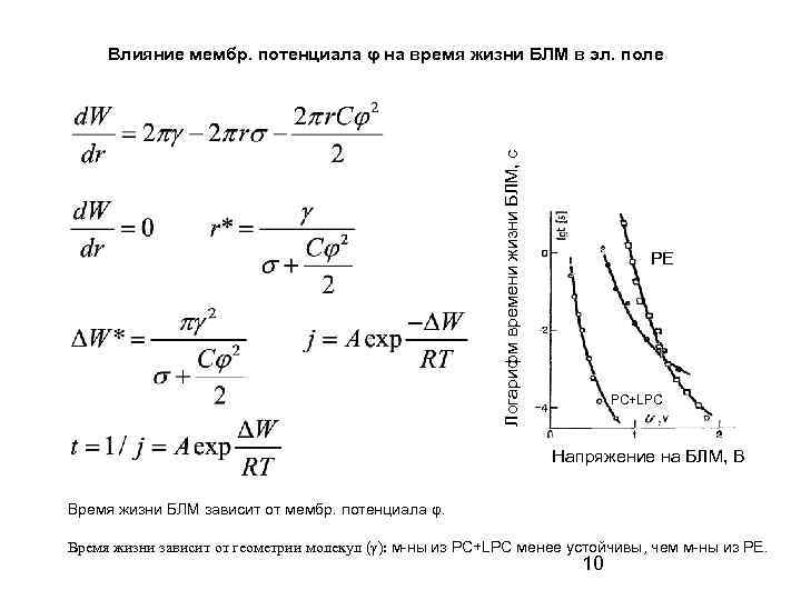 Логарифм времени жизни БЛМ, с Влияние мембр. потенциала φ на время жизни БЛМ в