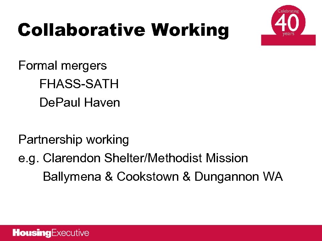 Collaborative Working Formal mergers FHASS-SATH De. Paul Haven Partnership working e. g. Clarendon Shelter/Methodist
