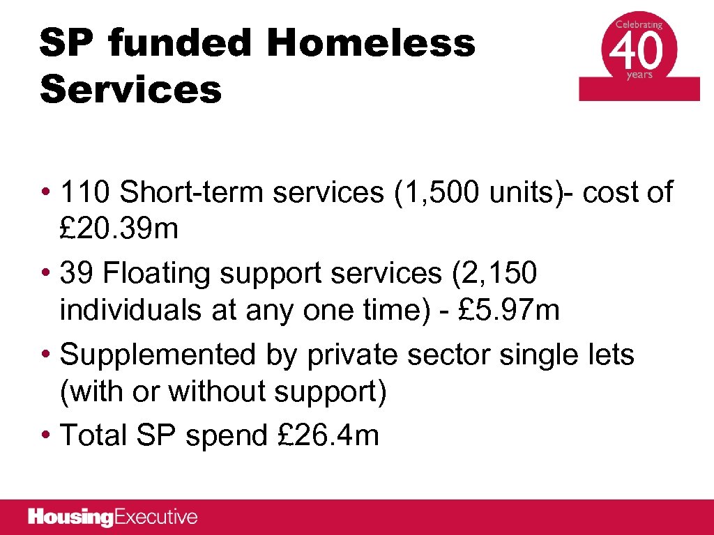 SP funded Homeless Services • 110 Short-term services (1, 500 units)- cost of £