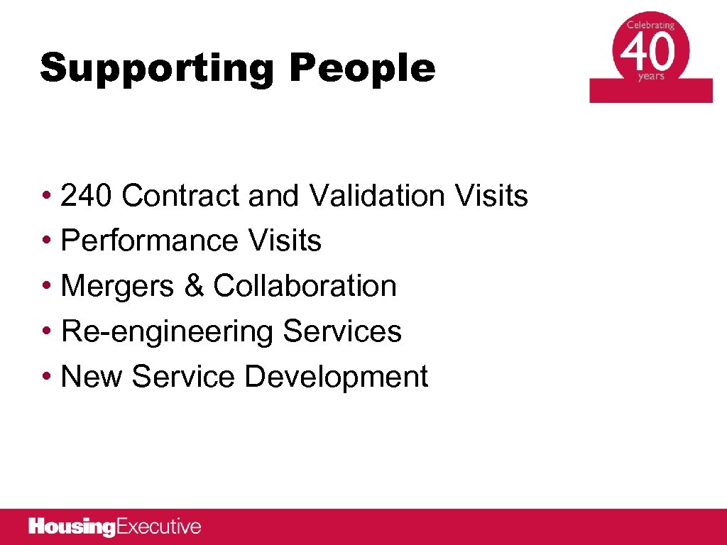 Supporting People • 240 Contract and Validation Visits • Performance Visits • Mergers &