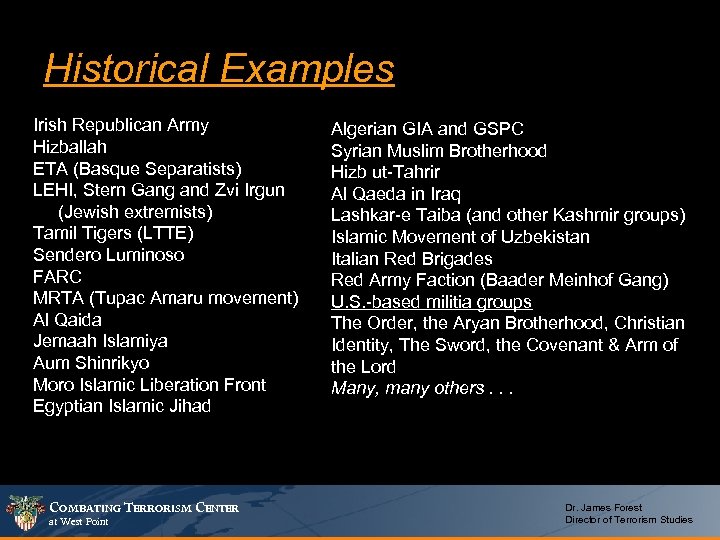 Historical Examples Irish Republican Army Hizballah ETA (Basque Separatists) LEHI, Stern Gang and Zvi