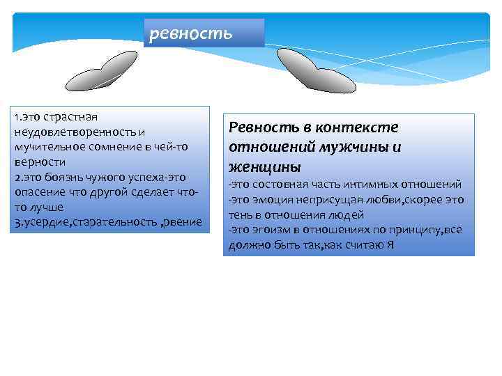 ревность 1. это страстная неудовлетворенность и мучительное сомнение в чей-то верности 2. это боязнь